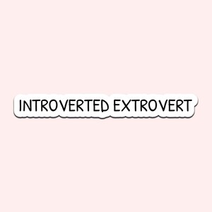 May include: A white sticker with the words "INTROVERTED EXTROVERT" in black, sans-serif font. The sticker has a rounded rectangle shape and is set against a light pink background.