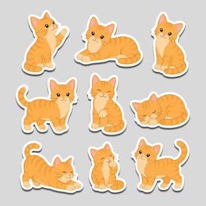 May include: A collection of nine individual stickers featuring orange tabby kittens in various poses, including sitting, lying down, stretching, and sleeping. Each kitten has a light orange chest, dark orange stripes, and a white border outline.