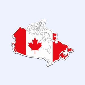 May include: A sticker in the shape of Canada, featuring the Canadian flag. The flag design includes a red maple leaf on a white background, flanked by two red vertical bars. The outline of the country is in white.
