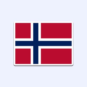 以下が含まれることがあります： ノルウェーの国旗が描かれた長方形のステッカー。旗は赤色を背景とし、白い縁取りのある青色の北欧十字が描かれています。十字は旗を4つの赤い長方形に分割しています。