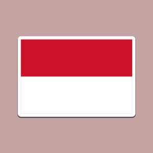 May include: A rectangular sticker depicting the Indonesian flag. The flag is split horizontally into two equal bands: red at the top and white at the bottom. The sticker has a white border and is set against a muted pink background.