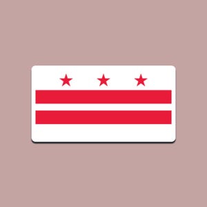 May include: A rectangular sticker featuring the flag of Washington, D.C. The design includes a white background with three red stars at the top and two horizontal red stripes in the middle. The sticker has a white border.