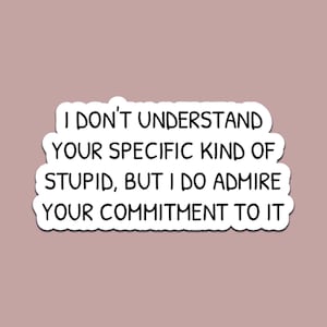 Puede incluir: Una pegatina blanca con borde negro y el texto: "I DON'T UNDERSTAND YOUR SPECIFIC KIND OF STUPID, BUT I DO ADMIRE YOUR COMMITMENT TO IT." La pegatina está sobre un fondo rosa empolvado.