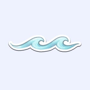 以下が含まれることがあります： 2つの様式化された海の波の水彩イラストが描かれたステッカー。波は明るい青色で、濃い青色の陰影と白いアウトラインがあり、立体的な効果を生み出しています。デザインはシンプルでクリーンで、海を連想させます。