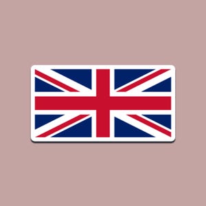 May include: A rectangular sticker featuring the Union Jack, the national flag of the United Kingdom. The flag design includes a red cross and diagonal stripes on a white background, set against a blue field. The sticker has a white border.