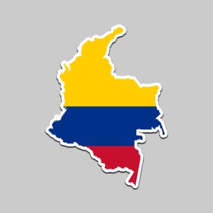 May include: A sticker in the shape of Colombia, featuring the country's flag. The flag design includes horizontal stripes of yellow, blue, and red. The sticker has a white border and is set against a gray background.
