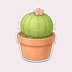 May include: A sticker featuring a cartoon cactus in a terracotta pot. The cactus is a vibrant green with yellow spines and a pink flower on top. The pot is a warm orange color, and the design has a hand-drawn aesthetic.