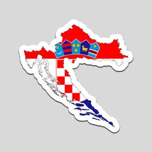 May include: A sticker featuring the map of Croatia, with the Croatian flag incorporated into the design. The top portion is red, the middle is a white and red checkerboard, and the bottom is blue. A crown is at the top.