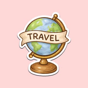 May include: A sticker depicting a globe with blue oceans and green continents. A banner across the globe reads "TRAVEL" in brown letters. The globe is set on a gold-coloured stand, all against a pink background.