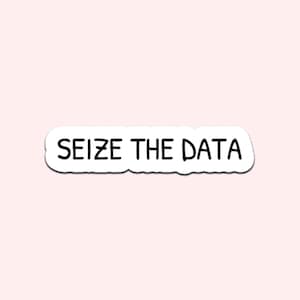 May include: A white sticker with the phrase "SEIZE THE DATA" in black, sans-serif font. The sticker has a white border and is set against a light pink background. The sticker is rectangular with rounded corners.