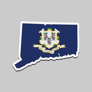 Peut inclure: Un autocollant en forme de l'État du Connecticut, représentant le drapeau de l'État. Le drapeau est bleu foncé avec le sceau de l'État au centre. Le sceau comprend trois vignes et les mots "QUI TRANSTULIT SUSTINET".
