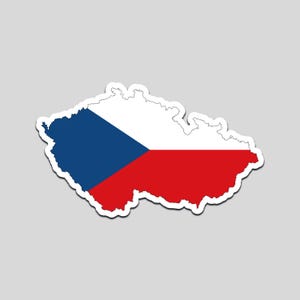 Könnte beinhalten: Ein Aufkleber in Form der Tschechischen Republik mit der Nationalflagge. Die Flagge zeigt ein blaues Dreieck, weiße und rote Streifen. Der Aufkleber hat einen weißen Rand und befindet sich auf grauem Hintergrund.