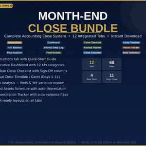May include: A dark blue graphic with the text "MONTH-END CLOSE BUNDLE" in gold. It includes sections for accounting, with 12 integrated tabs and an instant download. Features include instructions, a dashboard, and a close checklist. It has 12 tabs, 68 tasks, 4 new tools, and 11 days to close.