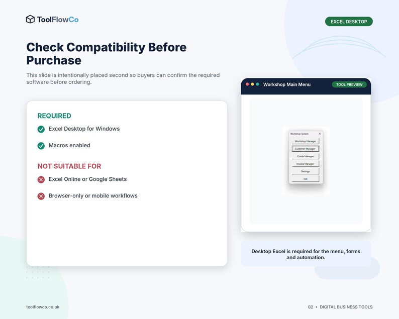 May include: A digital product information slide titled Check Compatibility Before Purchase by ToolFlowCo. It lists requirements including Excel Desktop for Windows and macros enabled, while noting it is not suitable for Excel Online or Google Sheets.