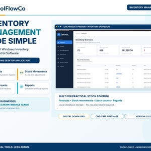 May include: ToolFlowCo Inventory Manager software interface for Windows. The dashboard displays inventory overview, stock activity, and product data. Features include product registration, stock movements, counts, and reports for local database management.