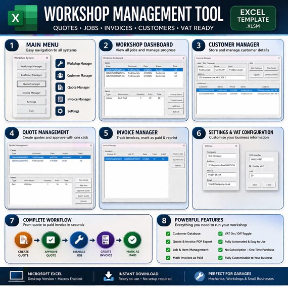 Excel Workshop Management Tool | Garage Job Tracker | Quotes & Invoices | VAT Ready | Small Business Spreadsheet