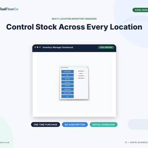 Può includere: Un'interfaccia di dashboard per la gestione dell'inventario di ToolFlowCo con un sistema di controllo delle scorte multi-sede. Lo schermo mostra un menu con pulsanti blu per le attività di inventario e indicatori di stock, con il testo Control Stock Across Every Location.