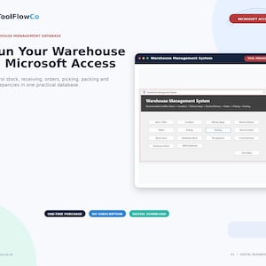 May include: A digital product display for a Microsoft Access warehouse management database by ToolFlowCo. The interface shows a menu with buttons for items, locations, delivery, orders, picking, packing, stock, and discrepancies in a software window.