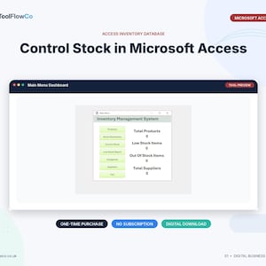 May include: A digital inventory management system interface for Microsoft Access displayed on a screen. The dashboard features buttons for products, stock movements, current stock, reports, categories, and suppliers, with summary statistics for items.