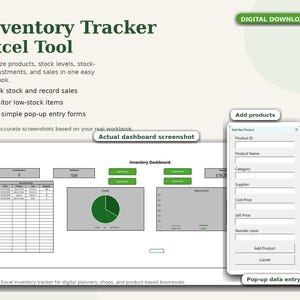 Puede incluir: Imagen de descarga digital de una herramienta de seguimiento de inventario de Excel. La imagen muestra un panel con gráficos, formularios de entrada de datos y el texto "Inventory Tracker Excel Tool". La herramienta ayuda a organizar productos y rastrear ventas.