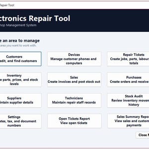 May include: A software interface titled Electronics Repair Tool with a dark header and light background. It features a grid of rectangular buttons labeled Customers, Devices, Repair Tickets, Inventory, Sales, Purchases, Suppliers, Technicians, Stock Audit, Settings, Open Tickets Report, Sales Summary Report, and a Close Menu button.