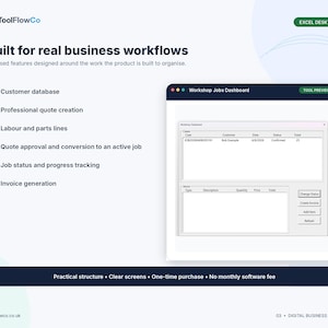 May include: A digital business tool interface by ToolFlowCo titled Built for real business workflows. It displays a Workshop Jobs Dashboard with columns for case, customer, date, status, and total, alongside buttons for status, invoice, and items.