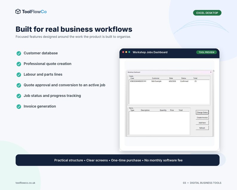 May include: A digital business tool interface by ToolFlowCo titled Built for real business workflows. It displays a Workshop Jobs Dashboard with columns for case, customer, date, status, and total, alongside buttons for status, invoice, and items.