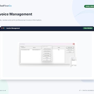 May include: A digital interface for ToolFlowCo Invoice Management software. The screen displays a window with columns for Invoice ID, Job ID, and Paid status, alongside buttons for Mark as Paid, Report Invoice, Refresh, and a navigation menu.