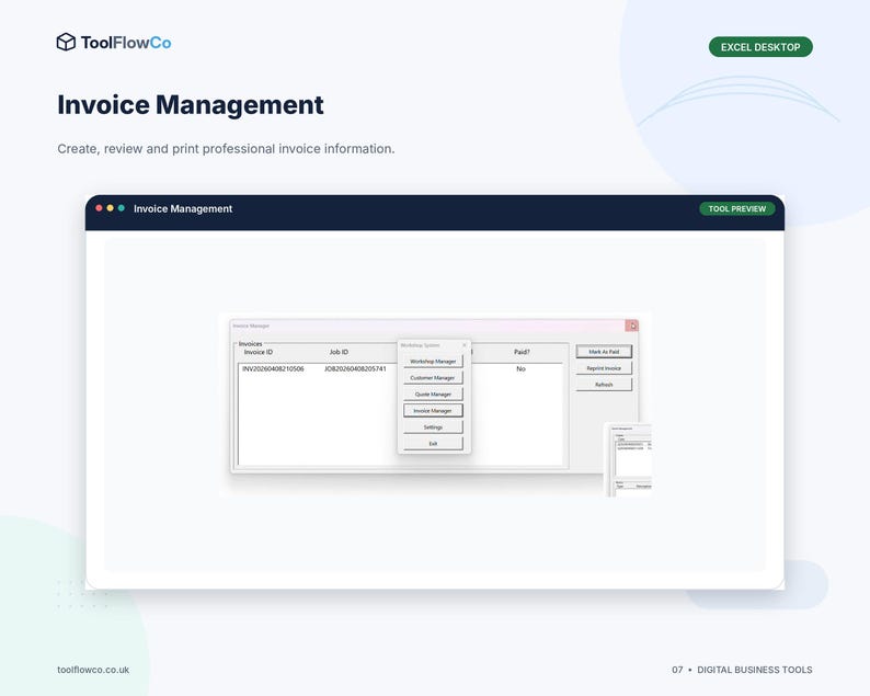 May include: A digital interface for ToolFlowCo Invoice Management software. The screen displays a window with columns for Invoice ID, Job ID, and Paid status, alongside buttons for Mark as Paid, Report Invoice, Refresh, and a navigation menu.