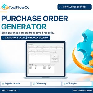 Op de afbeelding: Een digitale zakelijke tool voor Microsoft Excel op Windows Desktop genaamd Purchase Order Generator van ToolFlowCo. De interface toont velden voor leveranciersgegevens, orderinvoer en PDF-uitvoer, met blauwe en oranje tandwielpictogrammen.