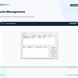 May include: A digital interface titled Quote Management by ToolFlowCo, featuring a window with two main sections: a list of cases with columns for Case, Customer, Date, Status, and Total, and an items section with buttons for New Quote, Add Item, Approve Quote, Export Quote, and Refresh.