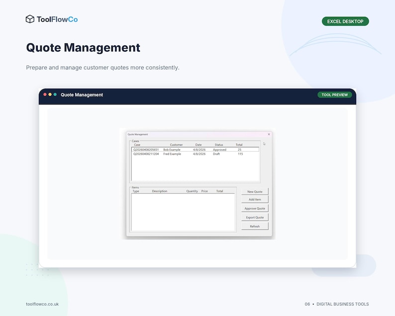 May include: A digital interface titled Quote Management by ToolFlowCo, featuring a window with two main sections: a list of cases with columns for Case, Customer, Date, Status, and Total, and an items section with buttons for New Quote, Add Item, Approve Quote, Export Quote, and Refresh.