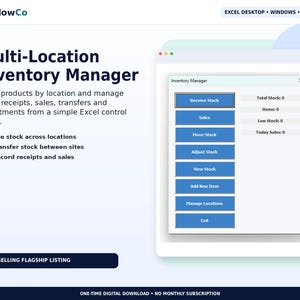 May include: A digital software interface titled Multi-Location Inventory Manager by ToolFlowCo. The screen displays an Excel control panel with buttons for Receive Stock, Sales, Move Stock, Adjust Stock, View Stock, Add New Item, Manage Locations, and Exit.
