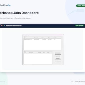 May include: A digital Workshop Jobs Dashboard interface featuring a table with columns for Case, Customer, Date, Status, and Total. Below, an items section includes Type, Description, Quantity, Price, and Total, with buttons for Change Status, Create Invoice, Add Item, and Refresh.