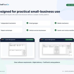 May include: A digital business tool interface titled ToolFlowCo for Excel Desktop. It features sections for quote and invoice management, with lists for independent mechanics, small garages, mobile mechanics, repair workshops, and service businesses.