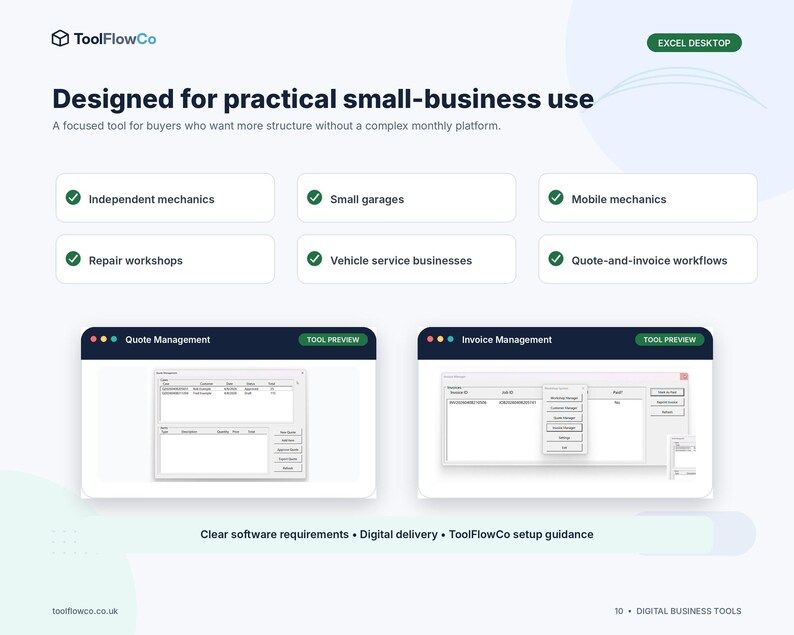 May include: A digital business tool interface titled ToolFlowCo for Excel Desktop. It features sections for quote and invoice management, with lists for independent mechanics, small garages, mobile mechanics, repair workshops, and service businesses.