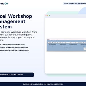 May include: A digital Excel Workshop Management System dashboard interface featuring text headers, feature lists, and a software window display. The layout includes sections for tracking customers, vehicles, workshop jobs, parts, stock, and purchase orders.