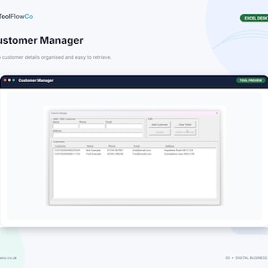 May include: A digital Customer Manager interface for Excel Desktop by ToolFlowCo. The window features input fields for name, phone, email, and address, with buttons to add or clear customer data and a table displaying customer records.