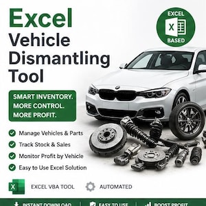 Herramienta de Excel para el desmantelamiento de vehículos / Control de inventario de desguaces / Rastreador de ventas VBA / Panel de control de beneficios de vehículos
