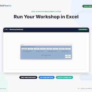 May include: A digital workshop management system for Excel desktop featuring a dashboard interface with buttons for customers, suppliers, and invoices. The screen displays metrics for jobs, stock, and purchase orders with a one-time purchase label.