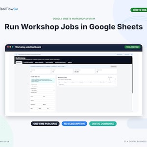 May include: A digital interface for a Google Sheets workshop system titled Run Workshop Jobs in Google Sheets. The dashboard displays a Workshop Job Dashboard window with fields for creating new jobs, customer details, and job status tracking.