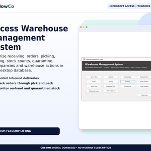May include: A digital product interface for the ToolFlowCo Access Warehouse Management System for Windows desktop. The screen displays a menu with buttons for items, locations, delivery setup, receiving, orders, picking, packing, and stock counts.