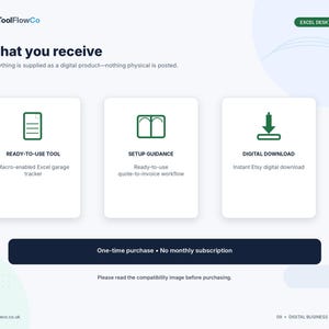 May include: A digital product information graphic by ToolFlowCo titled What you receive. It features three white cards with green icons for a ready-to-use tool, setup guidance, and digital download, plus a dark blue bar stating one-time purchase.