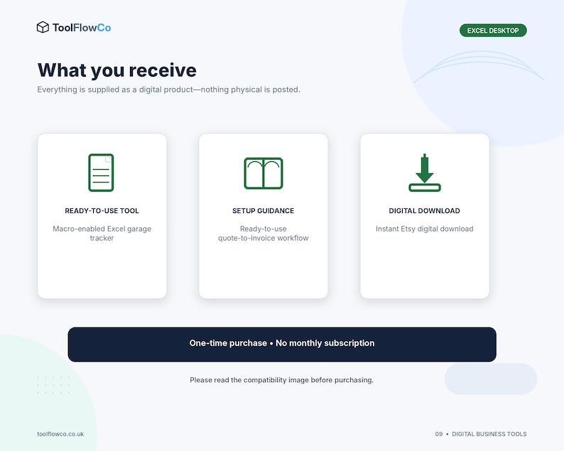May include: A digital product information graphic by ToolFlowCo titled What you receive. It features three white cards with green icons for a ready-to-use tool, setup guidance, and digital download, plus a dark blue bar stating one-time purchase.