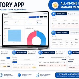 May include: A laptop screen displays an inventory management app interface. The app features dashboards, product management, transaction tracking, and reporting tools. The interface is clean with blue and white color scheme.