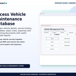 May include: A digital product interface for a ToolFlowCo Access Vehicle Maintenance Database. The screen displays a Vehicle Management Tool window with buttons for vehicles, reports, and summaries, alongside text detailing features for tracking service history.
