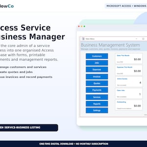 May include: A digital software interface titled Access Service Business Manager by ToolFlowCo. The screen displays a main menu with blue buttons for customers, jobs, expenses, invoices, quotes, payments, services, reports, and settings for Windows.