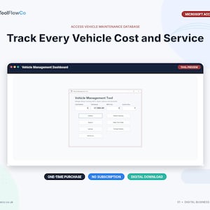 May include: A digital Microsoft Access vehicle maintenance database dashboard. The interface displays the text ToolFlowCo, Access Vehicle Maintenance Database, Track Every Vehicle Cost and Service, and a Vehicle Management Tool window with buttons for reports, summaries, and data entry.