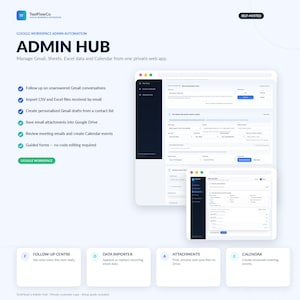 Pode incluir: Uma interface digital para o ToolFlowCo Admin Hub, uma ferramenta de automação do Google Workspace. O ecrã mostra dashboards de aplicações web para gerir Gmail, Sheets e Calendar, com listas de funcionalidades de automatização.