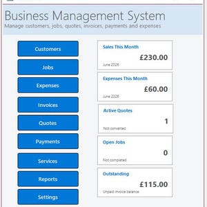 Puede incluir: Una interfaz de software titulada Business Management System con una barra lateral izquierda que contiene botones azules para Customers, Jobs, Expenses, Invoices, Quotes, Payments, Services, Reports y Settings. La derecha muestra datos financieros.
